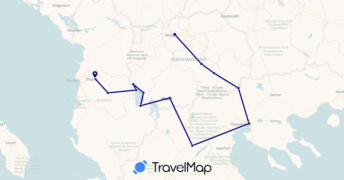 TravelMap itinerary: driving in Albania, Greece, Macedonia (Europe)