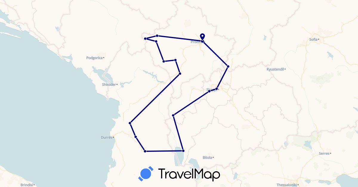 TravelMap itinerary: driving in Albania, Macedonia, Serbia, Kosovo (Europe)