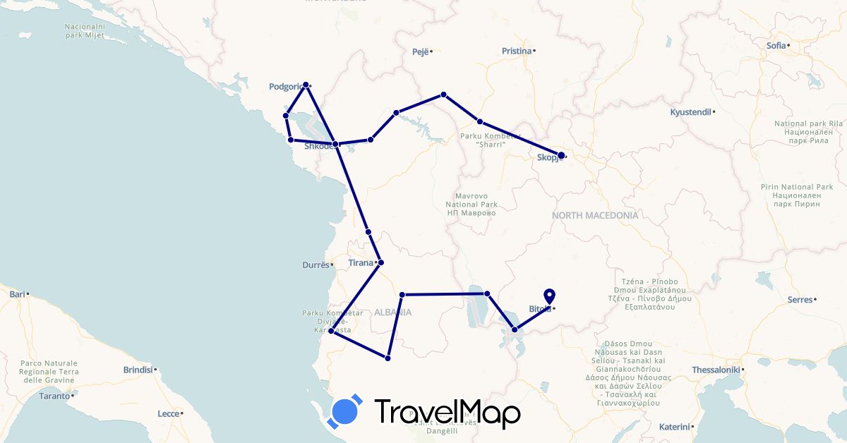 TravelMap itinerary: driving in Albania, Montenegro, Macedonia, Kosovo (Europe)