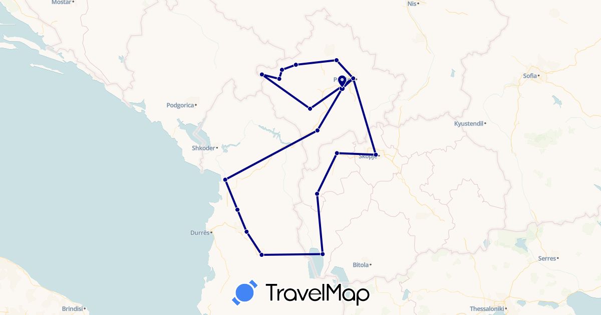TravelMap itinerary: driving in Albania, Macedonia, Kosovo (Europe)