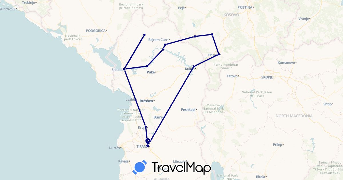 TravelMap itinerary: driving in Albania, Kosovo (Europe)